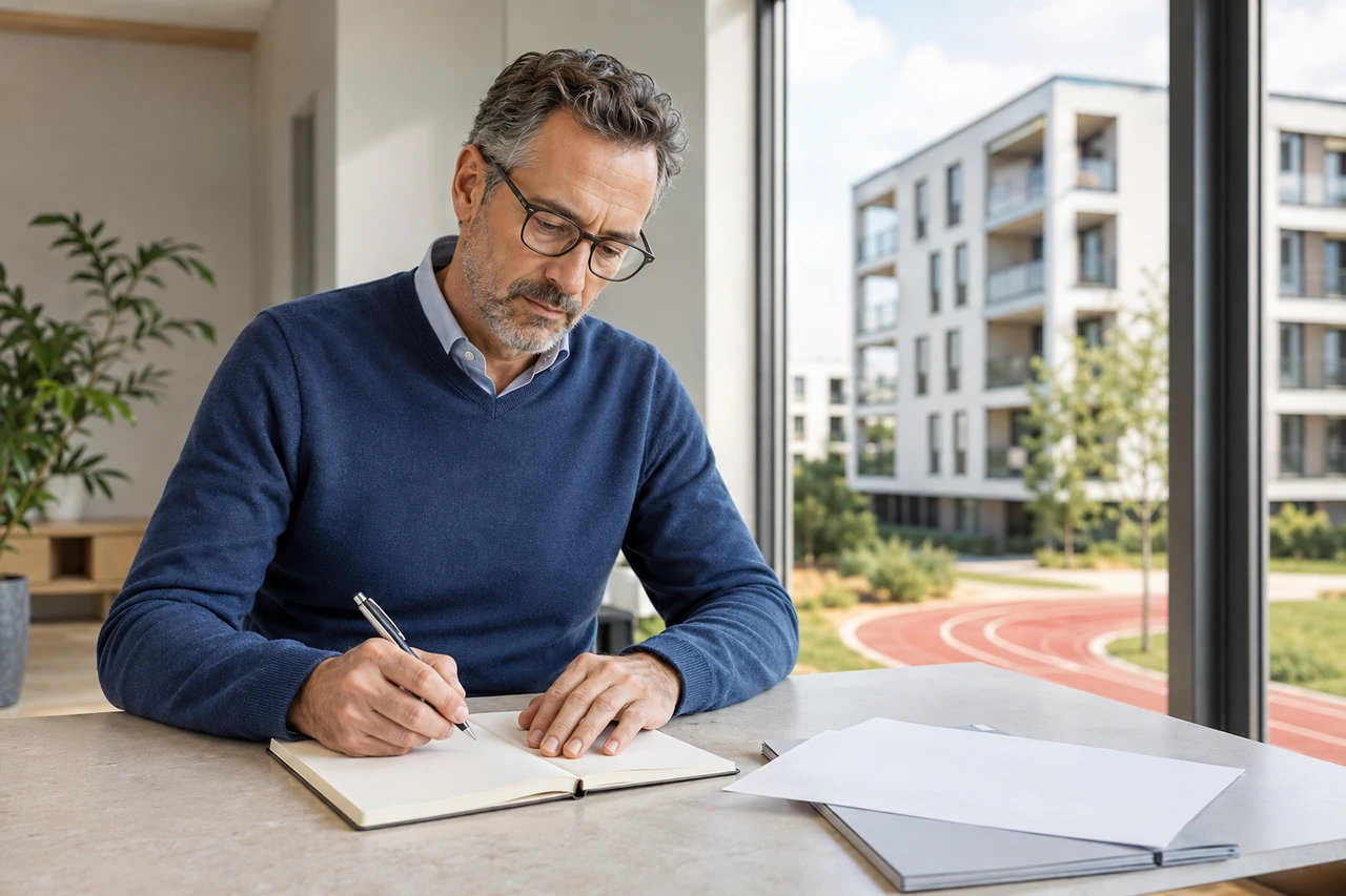 Symbolische Vorbereitung eines Immobilientermins mit Notizbuch und Unterlagen.